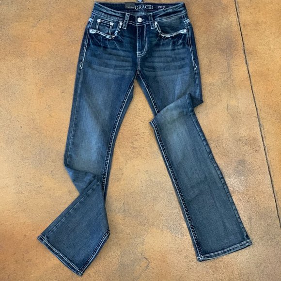 Womens Easy Fit Faux Flap Pocket Bling Bootcut Jeans - Picture 2 of 7